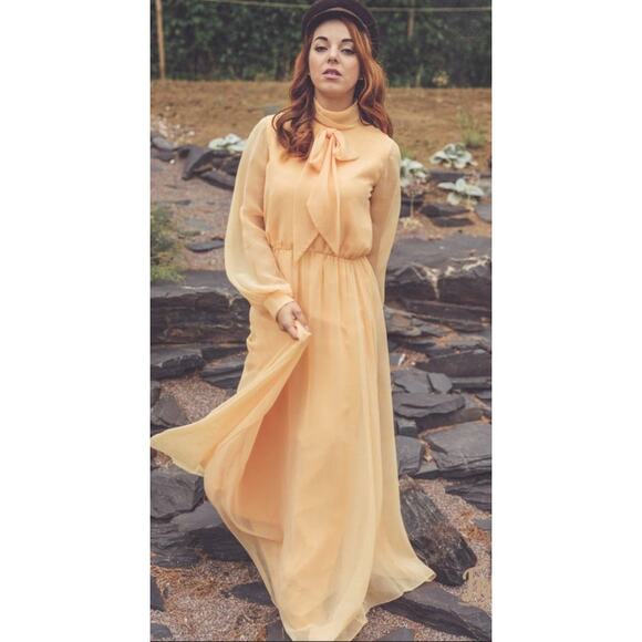 Vintage 60s Peach Orange Formal Sheer Chiffon Maxi Party Dress Bow Small Medium - Picture 1 of 8